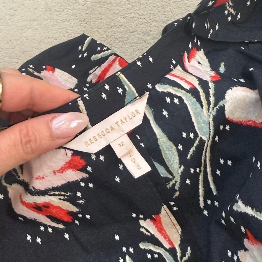 Rebecca Taylor Ikat Tulip Wrap Dress Tie Waist Black Floral Poplin Ruffles Sz 12